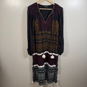 Hemant & Nandita Embroidered Eyelet Maxi Dress Size Medium Black Boho Vacation